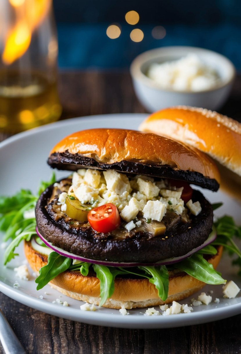 A sizzling portobello mushroom burger topped with crumbled feta and fresh Mediterranean ingredients, served on a toasted bun