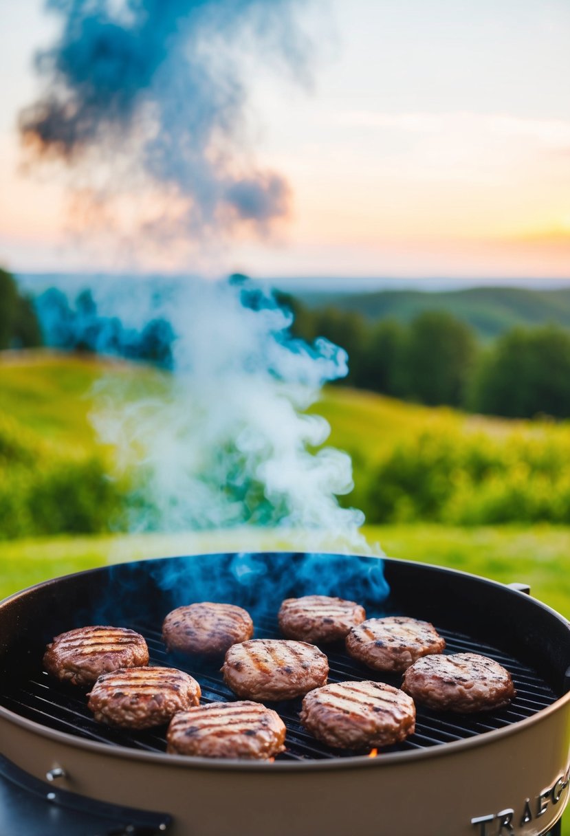 Juicy beef burgers sizzling on a Traeger grill, surrounded by billowing smoke and a backdrop of outdoor scenery