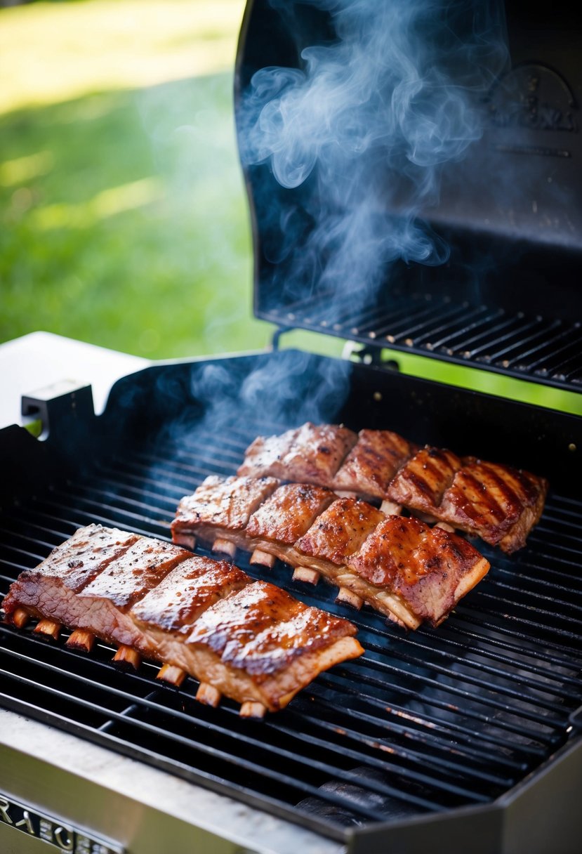 Beef back ribs sizzling on a Traeger grill, smoke billowing around the meat as it cooks to perfection