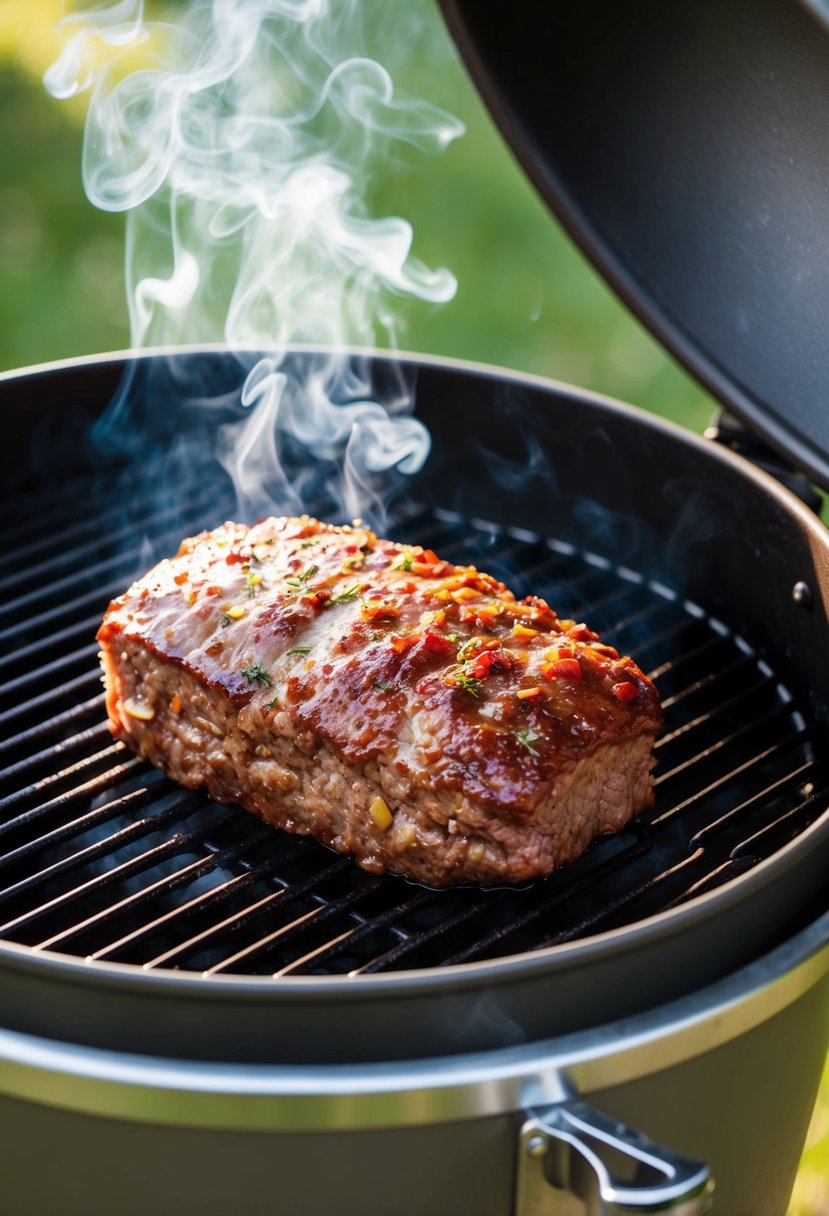 A juicy meatloaf sizzling on a Traeger grill, surrounded by the aromatic smoke of the cooking beef