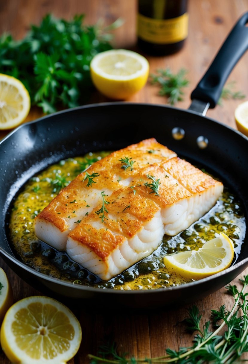 A golden-brown cod fillet sizzling in a skillet with bubbling oil, surrounded by fresh herbs and lemon slices