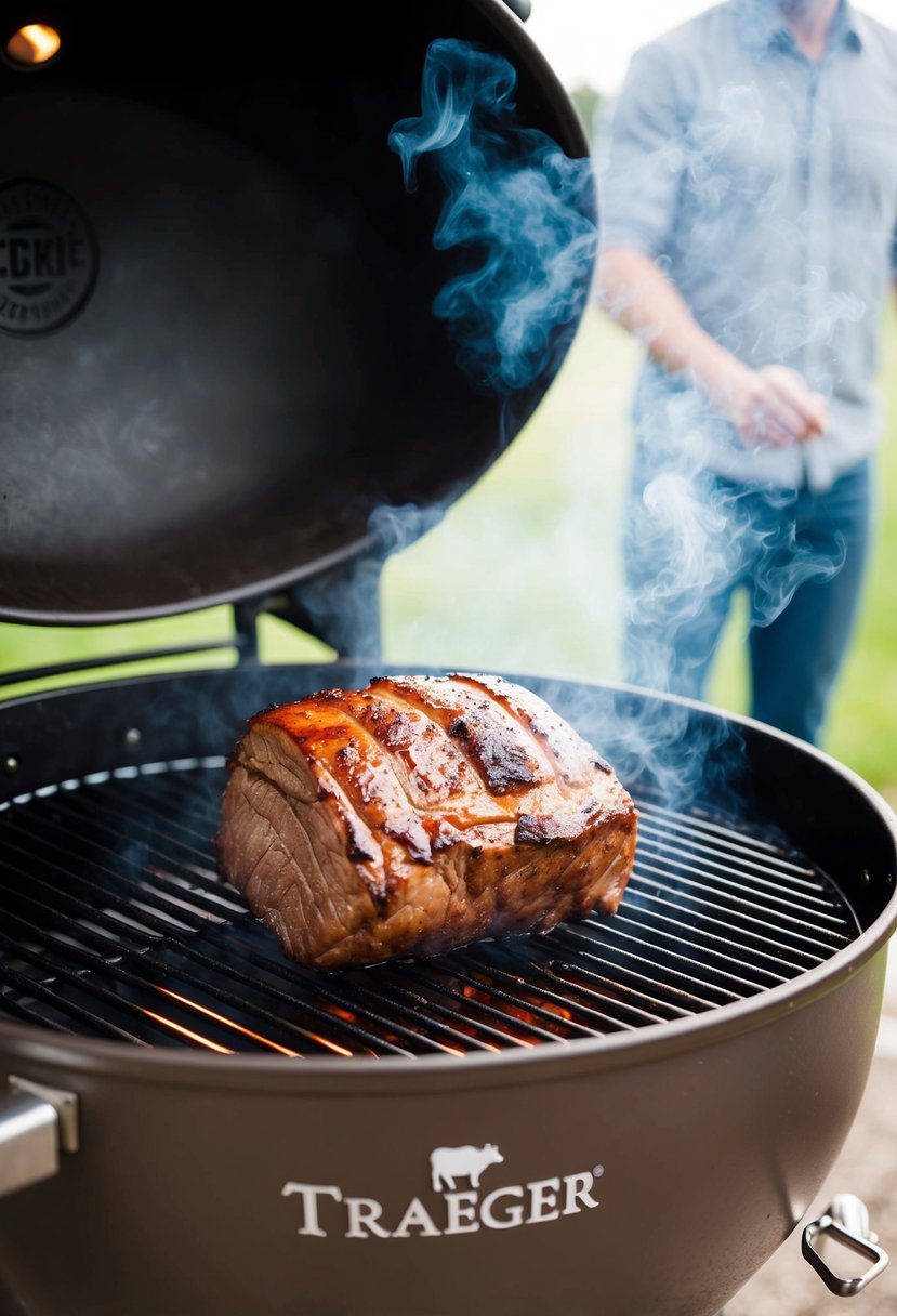 A chuck roast sizzling on a Traeger grill, surrounded by billowing smoke, with the aroma of smoked beef filling the air