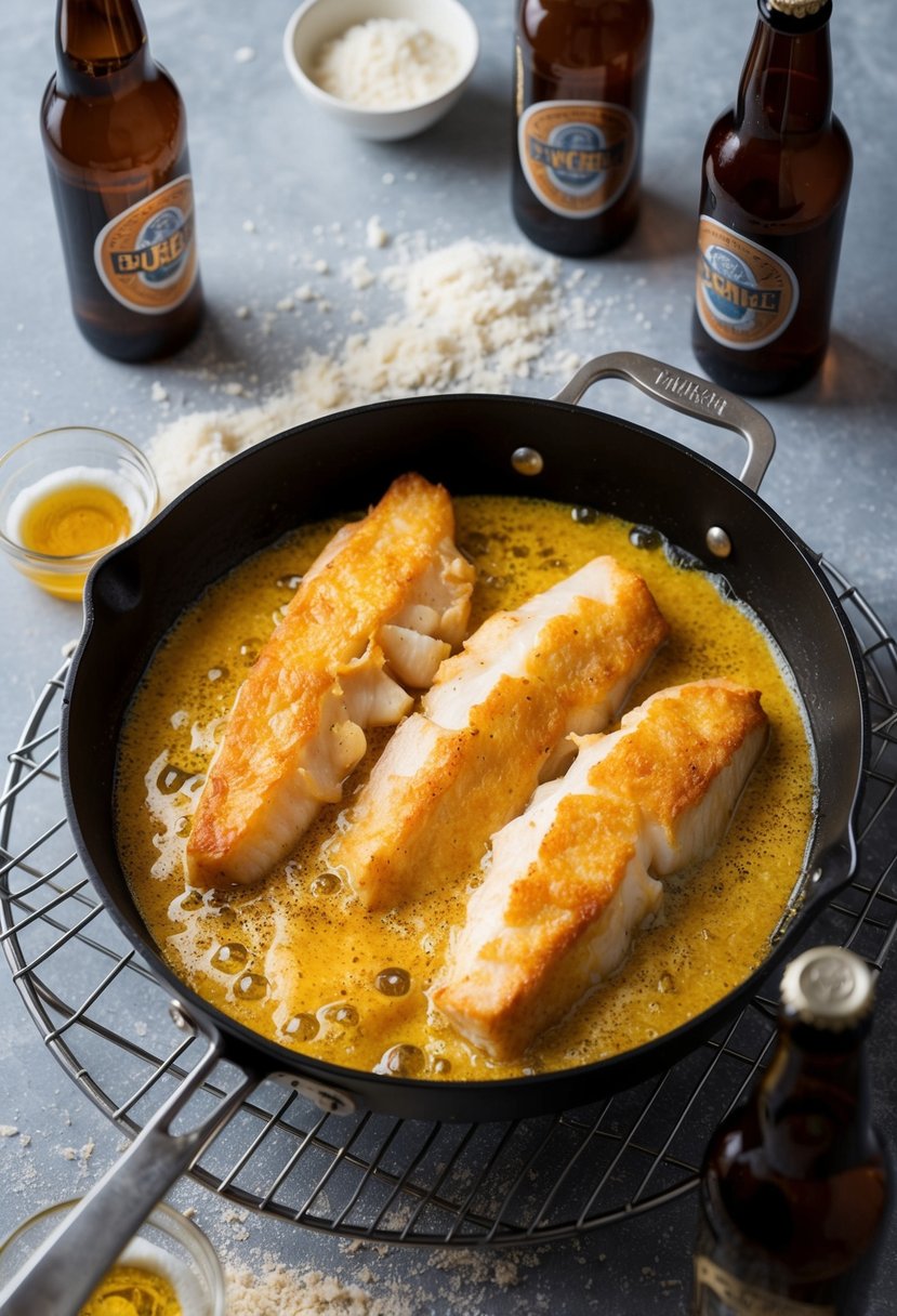 Golden-brown cod fillets sizzling in a bubbling beer batter, surrounded by a scattering of flour and beer bottles