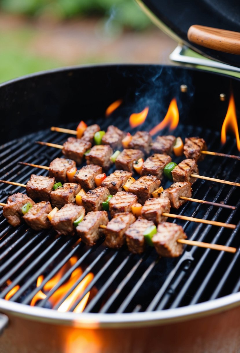 Beef kebabs sizzling on a Traeger grill over open flames