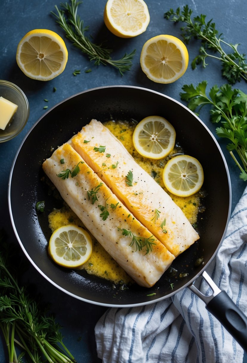 A sizzling cod fillet frying in a pan with lemon slices and butter, surrounded by fresh herbs