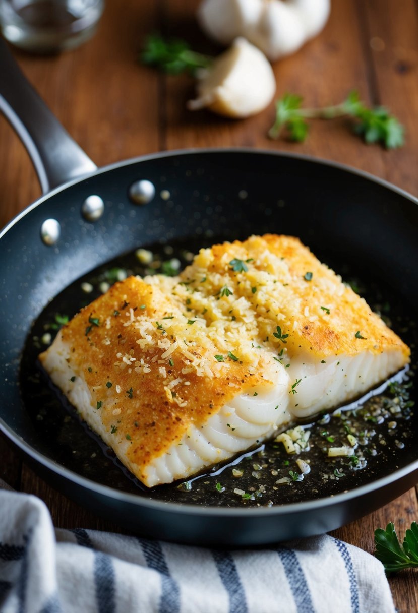 A golden-brown cod fillet coated in garlic and parmesan sits sizzling in a frying pan. A sprinkle of herbs adds color to the dish