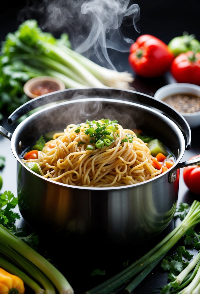 A steaming pot of noodles surrounded by assorted fresh vegetables and seasonings