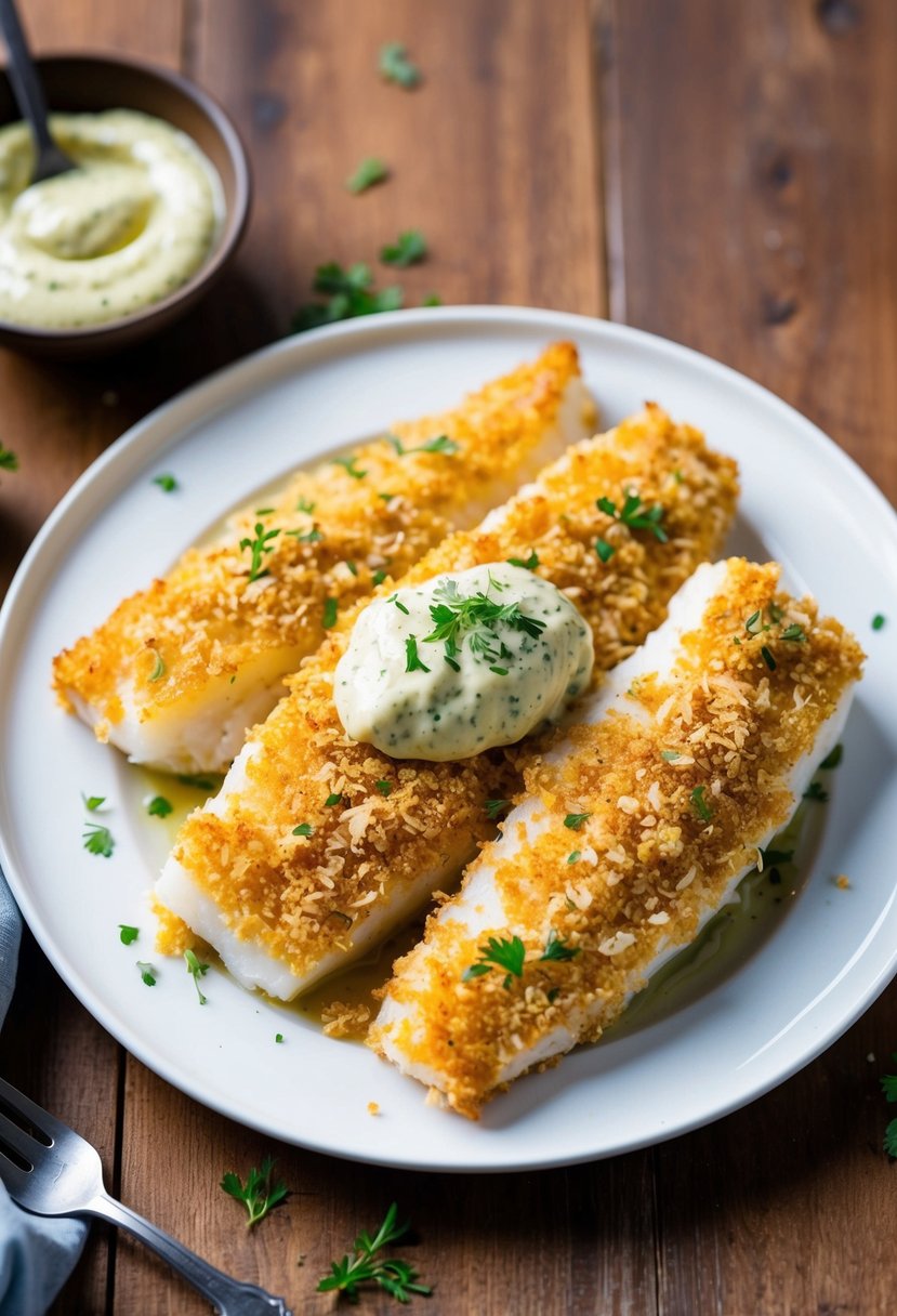 Golden-brown cod fillets coated in panko crumbs, served with a dollop of herbed aioli on a white plate. A sprinkle of fresh herbs completes the dish