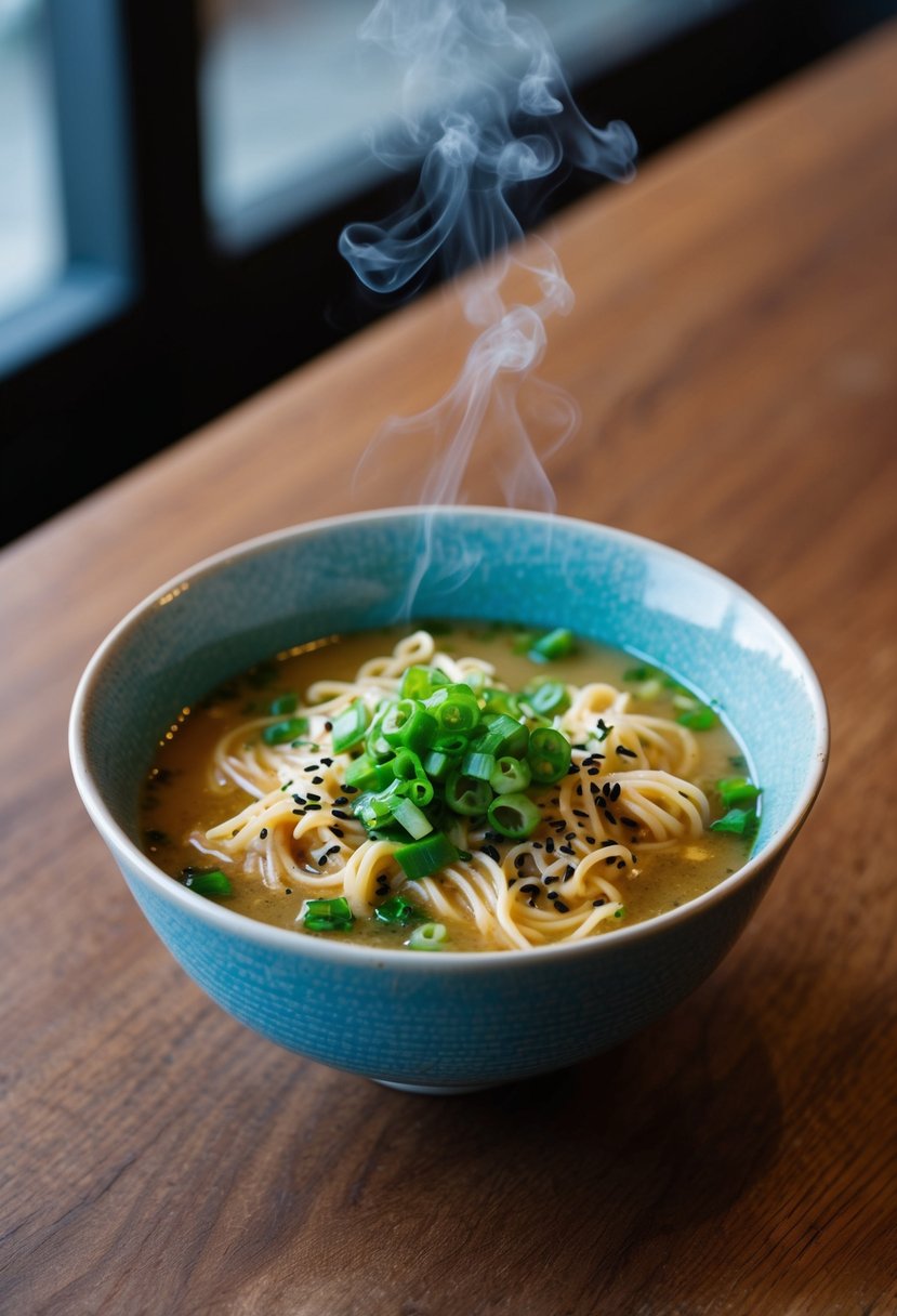 A steaming bowl of ramen with garlic butter sauce, topped with green onions and a sprinkle of sesame seeds, sits on a wooden table