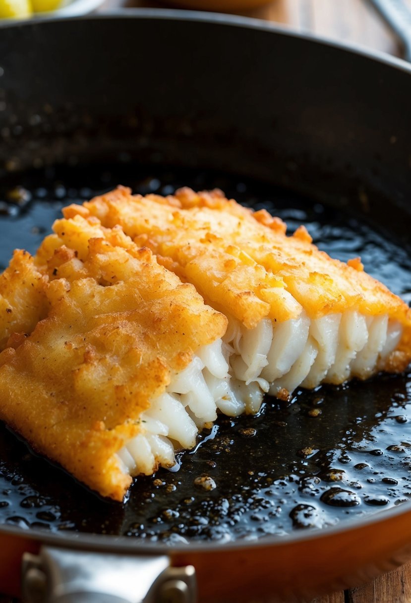 A sizzling piece of Cajun fried cod fish in a hot skillet