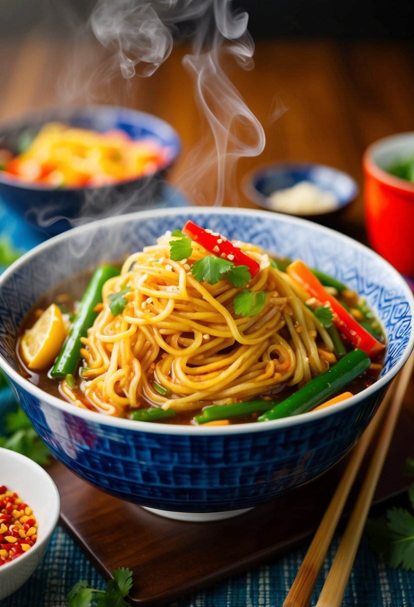 A steaming bowl of Szechuan noodles surrounded by colorful ingredients and chopsticks