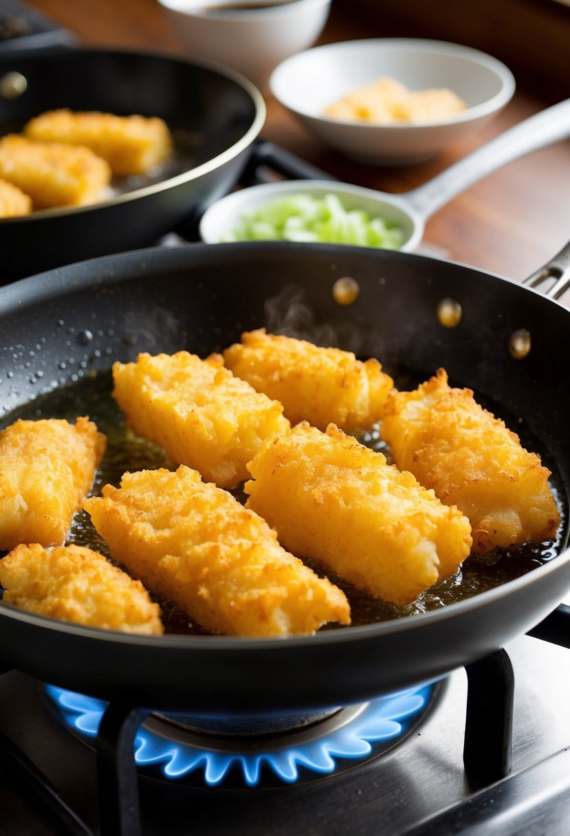 Golden-brown tempura cod fillets sizzling in a pan of hot oil