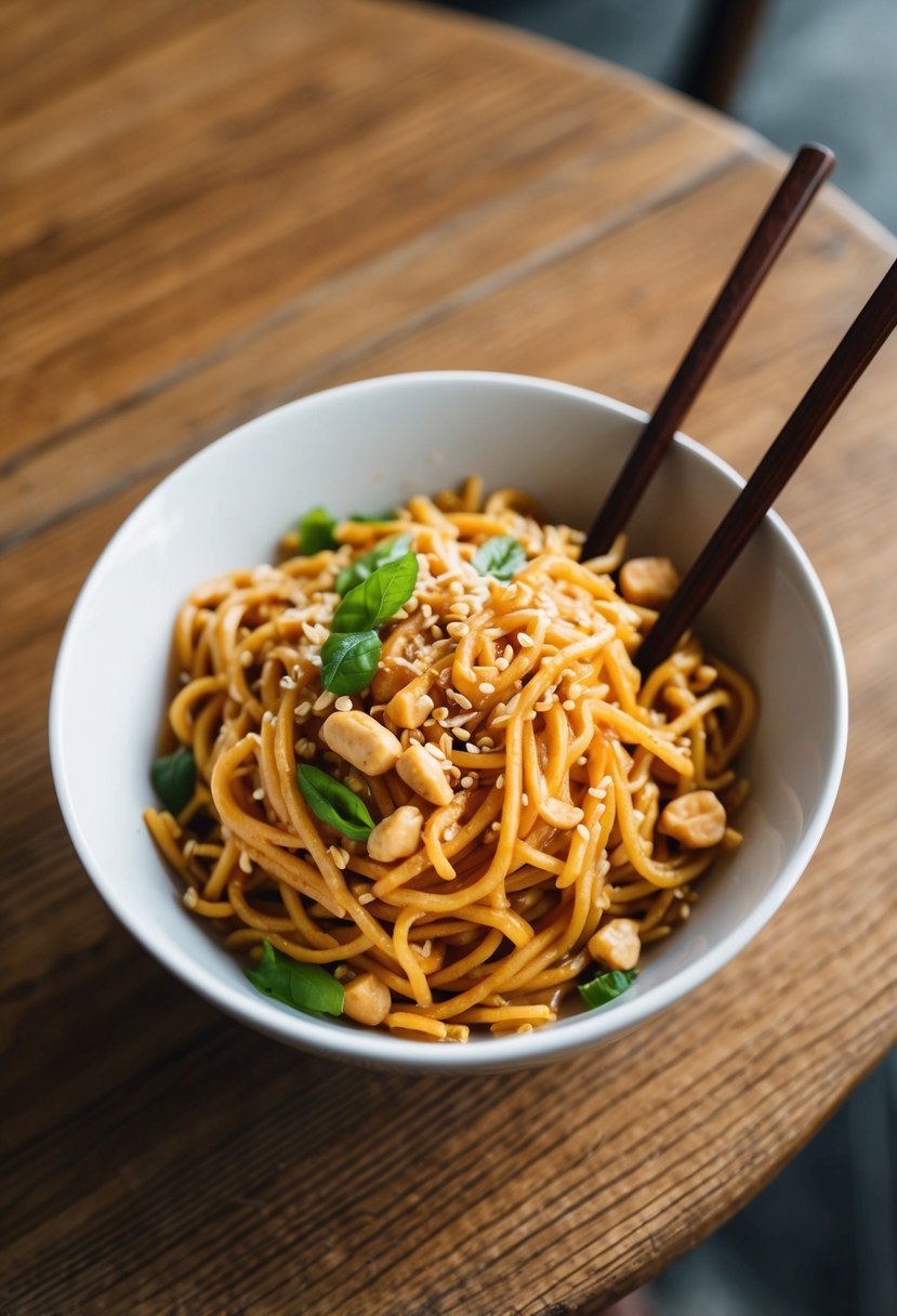 A bowl of sesame peanut noodles with chopsticks on a wooden table