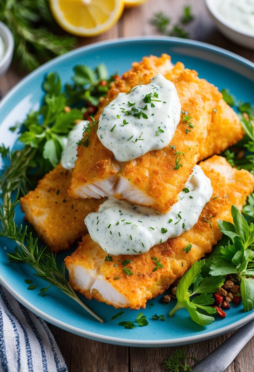 A plate of golden-brown fried cod topped with creamy tzatziki sauce, surrounded by vibrant Mediterranean herbs and spices