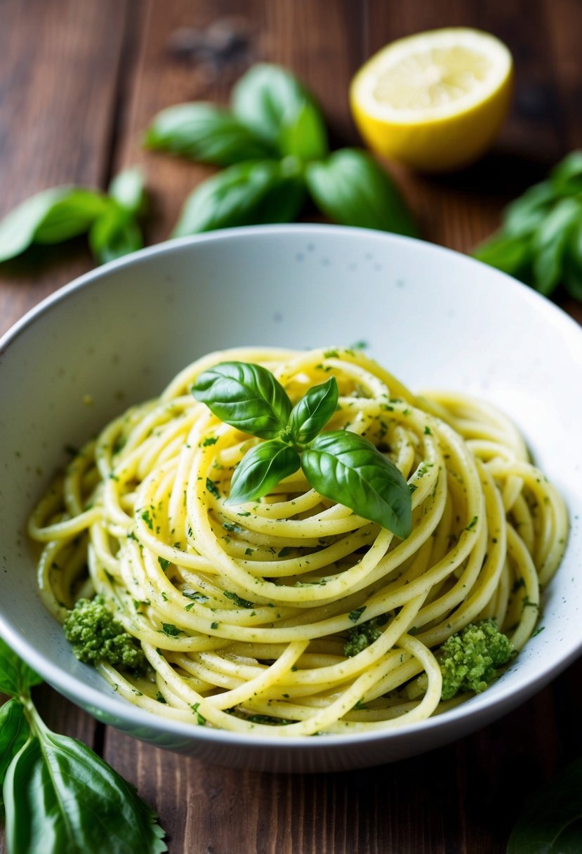 A bowl of lemon basil pesto pasta with twirled noodles and fresh basil leaves on a wooden table