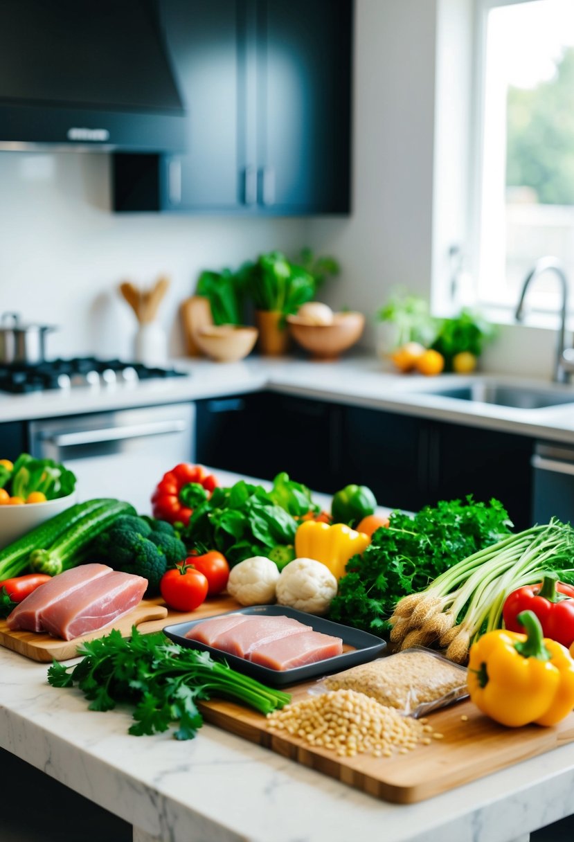 A kitchen counter with a variety of fresh vegetables, lean proteins, and healthy grains laid out for cooking