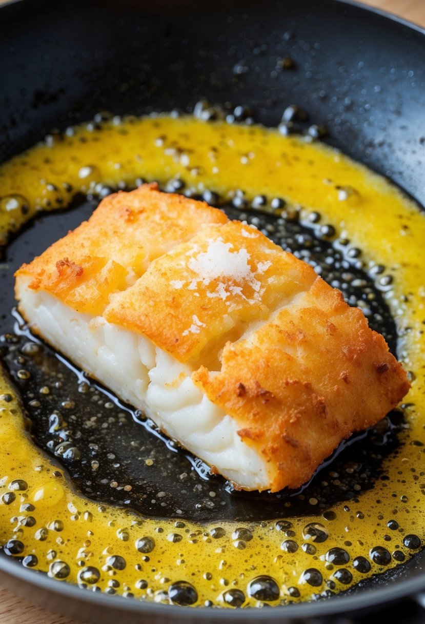 A golden-brown battered cod fillet sizzling in a skillet, surrounded by bubbling oil and a sprinkle of salt