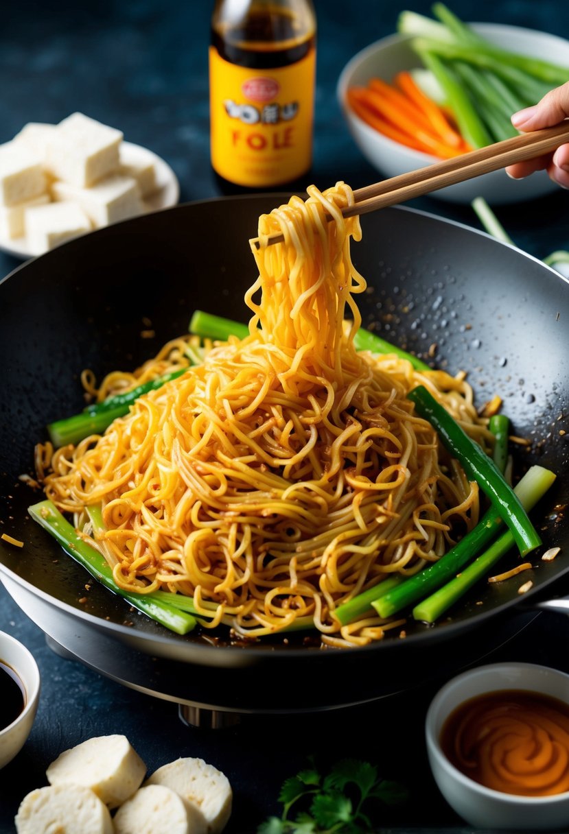 A wok sizzles with soy sauce fried noodles, surrounded by ingredients like sliced vegetables, tofu, and a bottle of soy sauce