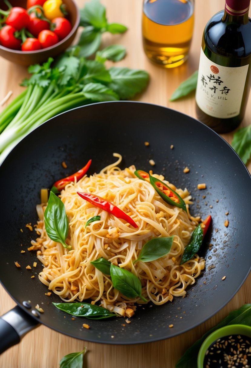 A wok sizzles with flat rice noodles, chili, basil, and soy sauce, surrounded by fresh vegetables and a bottle of rice wine