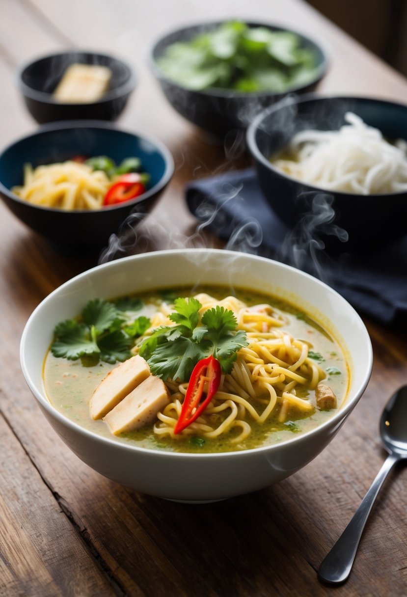 A steaming bowl of coconut curry ramen with noodles, garnished with fresh cilantro and sliced red chili, sits on a wooden table