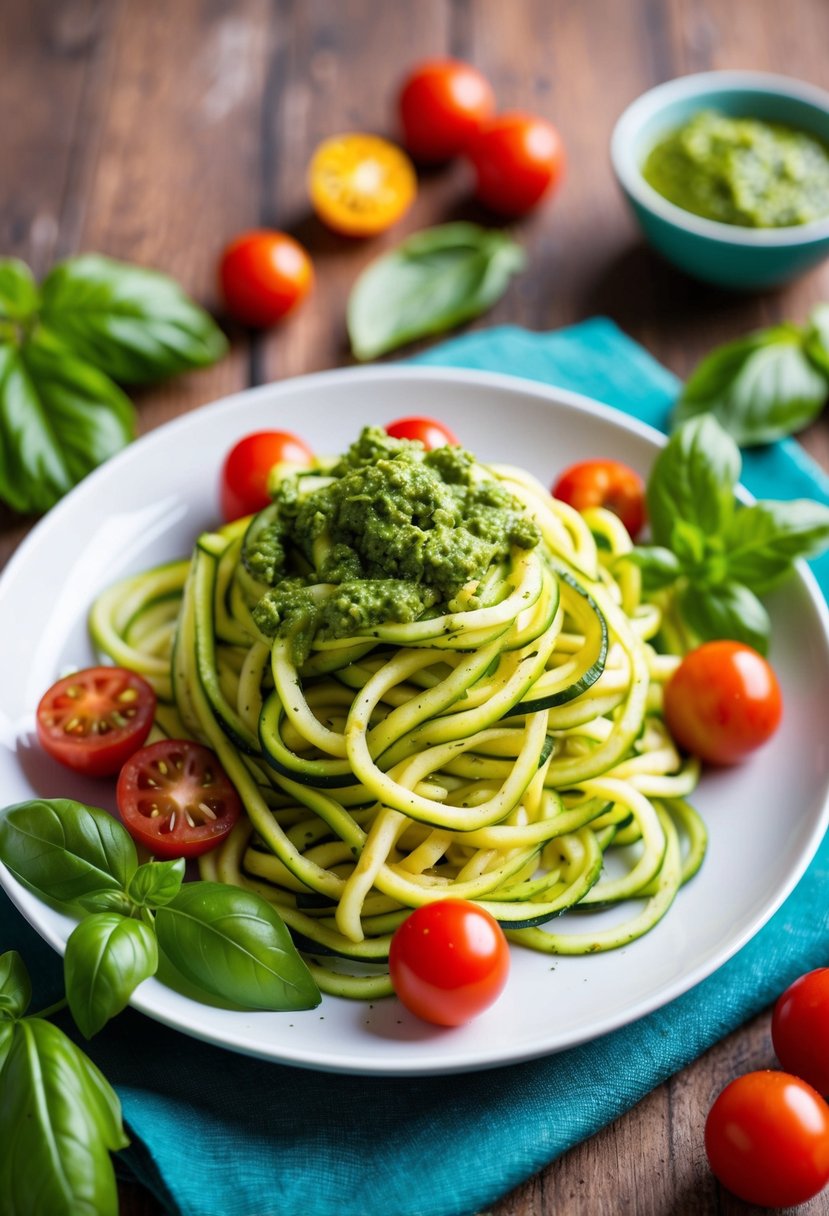 A colorful plate of zucchini noodles topped with vibrant green pesto, surrounded by fresh basil leaves and cherry tomatoes