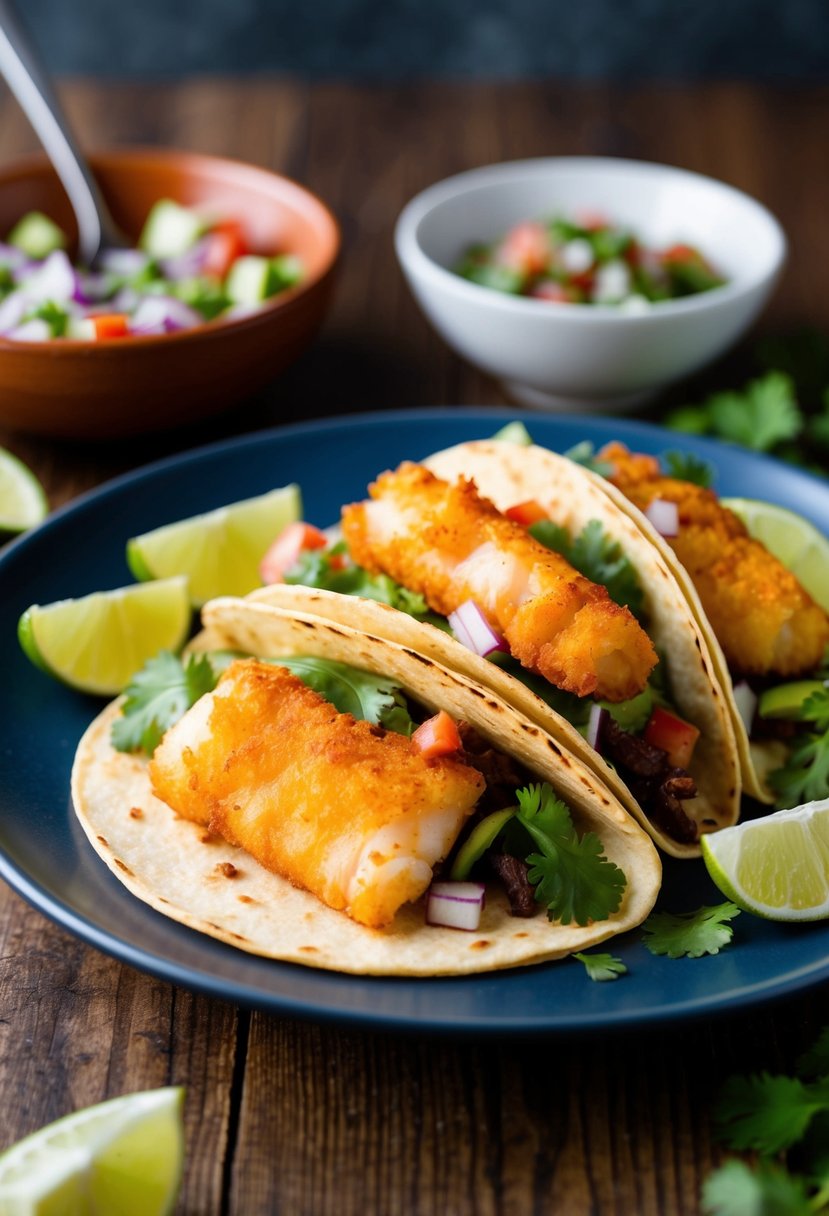 A plate of Baja-style fish tacos, featuring crispy fried cod, surrounded by fresh toppings and a side of salsa