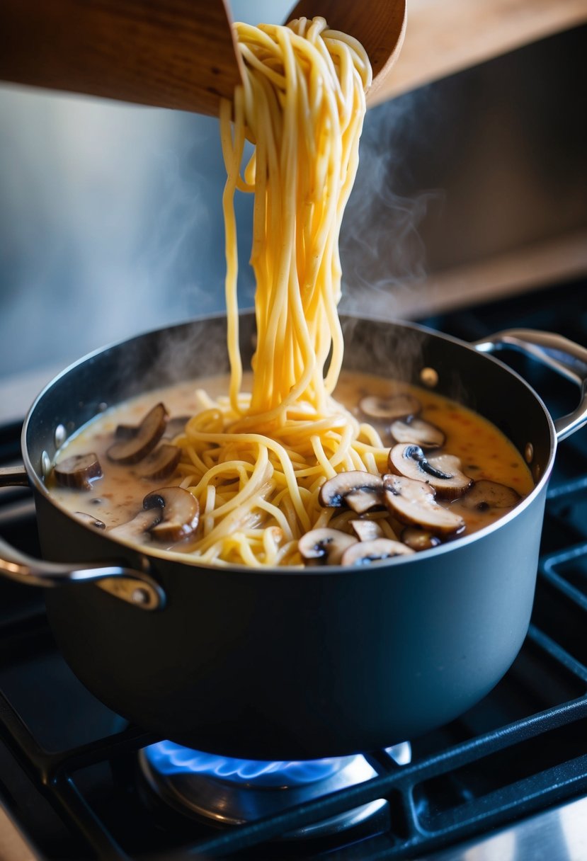 A pot of boiling noodles with mushrooms and creamy sauce simmering on the stove