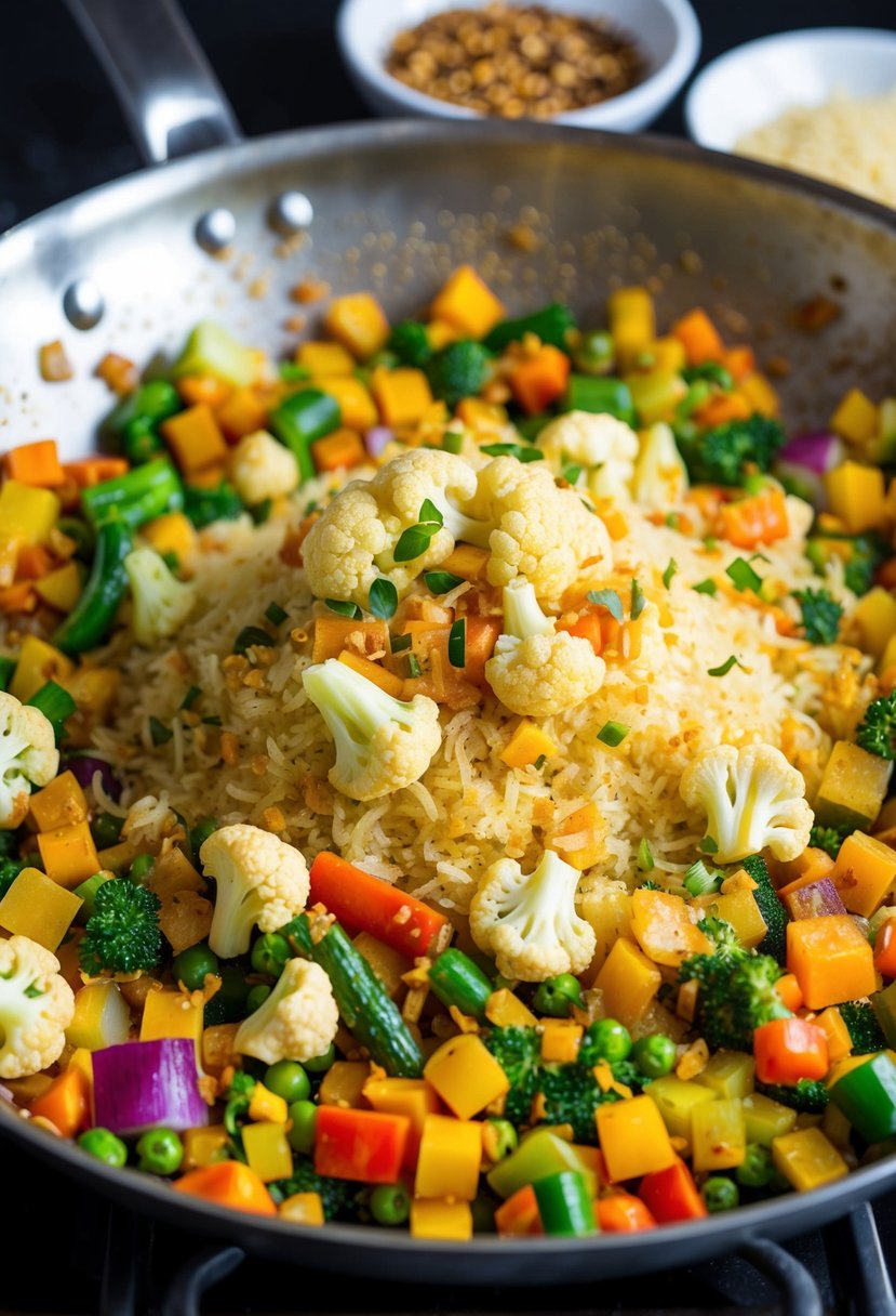 A sizzling pan of colorful vegetables and cauliflower rice being tossed together with aromatic spices and sauces