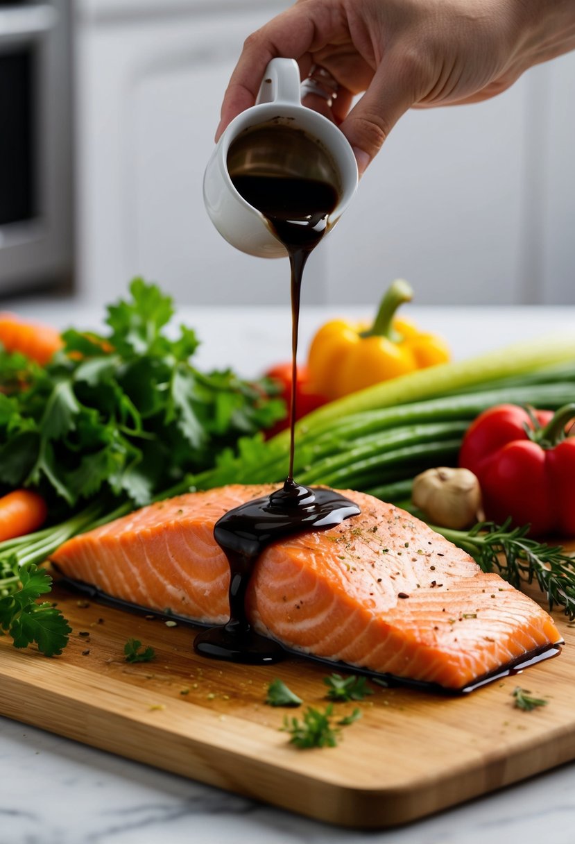 A salmon fillet being drizzled with balsamic glaze, surrounded by colorful vegetables and herbs on a cutting board