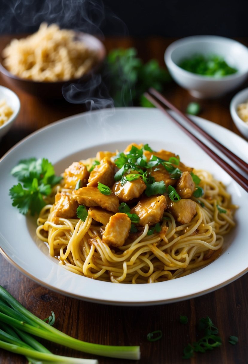 A steaming plate of honey ginger chicken lo mein with noodles, surrounded by fresh ingredients and chopsticks