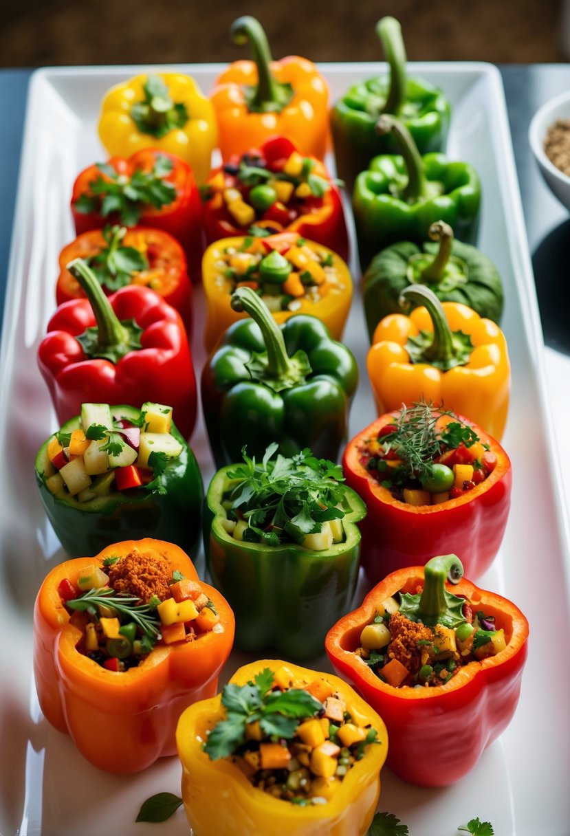 A colorful array of bell peppers filled with a vibrant mix of assorted vegetables, herbs, and spices, arranged on a clean, white serving platter