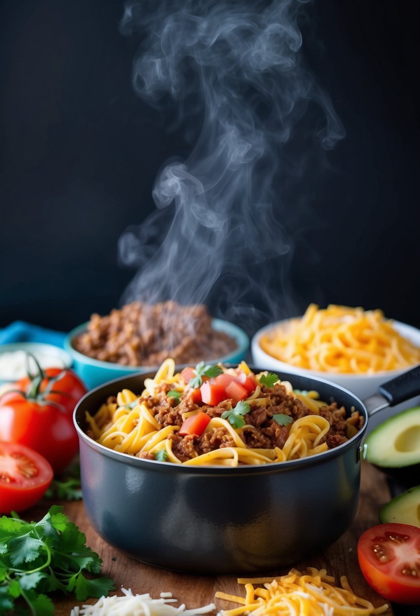 A steaming pot of cheesy taco pasta with noodles, surrounded by colorful ingredients like ground beef, tomatoes, and shredded cheese