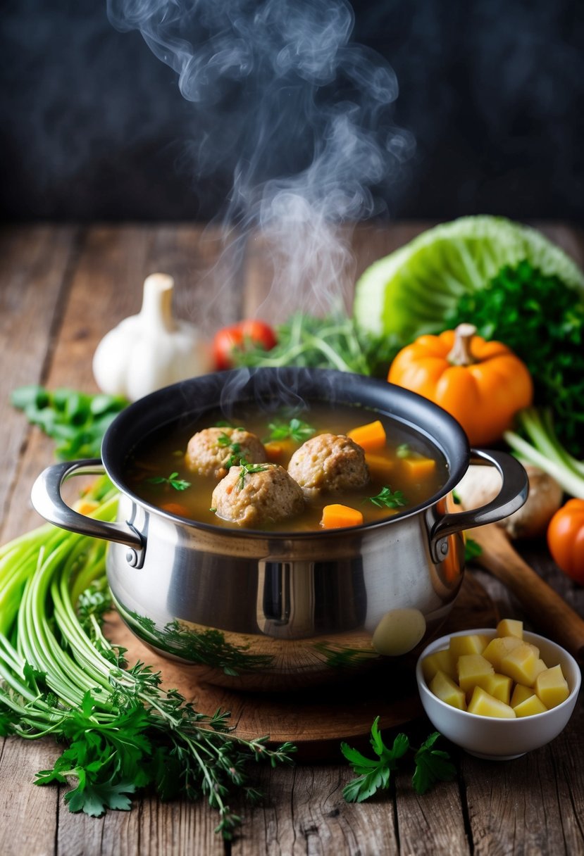 A steaming pot of turkey meatball soup surrounded by fresh vegetables and herbs on a rustic wooden table