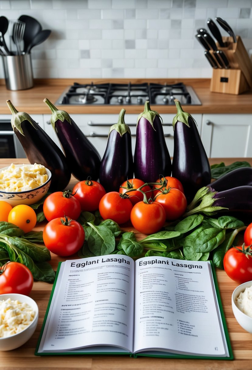 A colorful array of fresh eggplants, tomatoes, spinach, and low-fat cheese arranged on a kitchen counter, surrounded by various cooking utensils and a recipe book open to a page titled "Eggplant Lasagna."