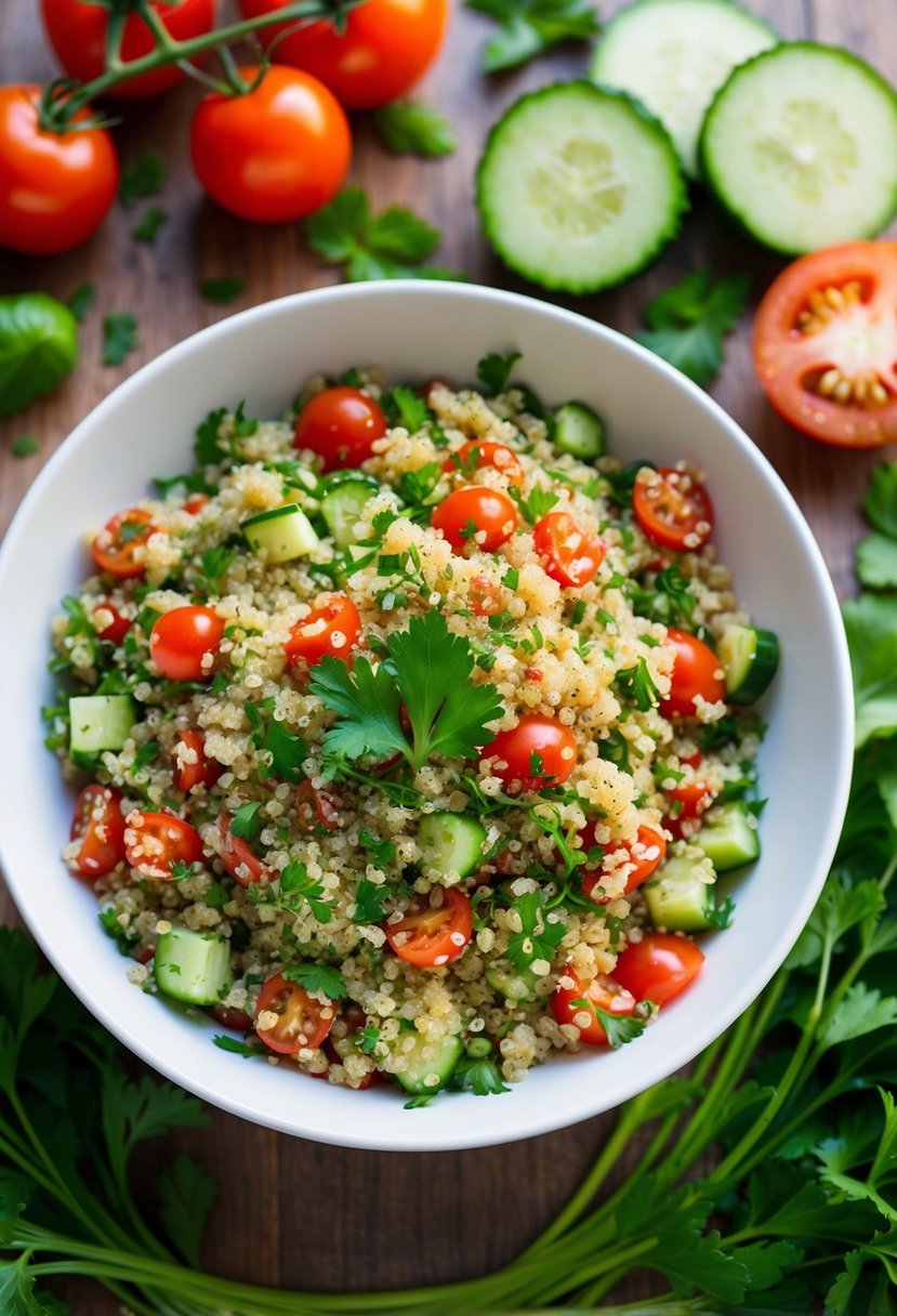 A vibrant bowl of quinoa tabbouleh salad surrounded by fresh ingredients like tomatoes, cucumbers, and parsley