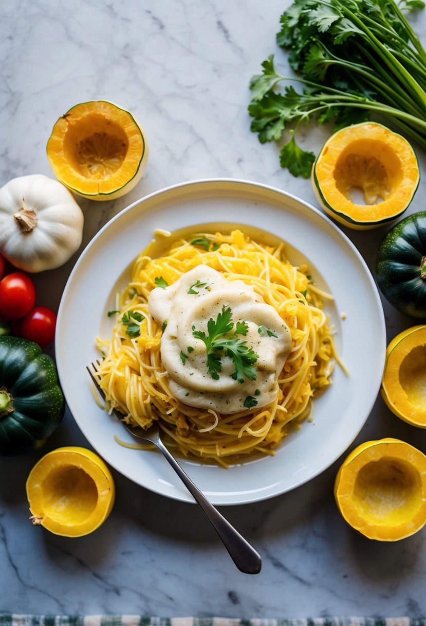 A steaming plate of spaghetti squash alfredo surrounded by fresh, colorful vegetables