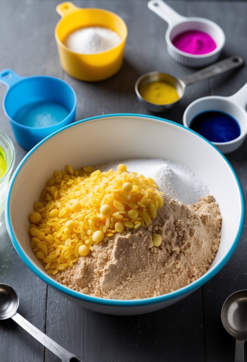 A mixing bowl filled with ingredients for homemade kinetic sand, surrounded by measuring cups, spoons, and a small container of colored dye