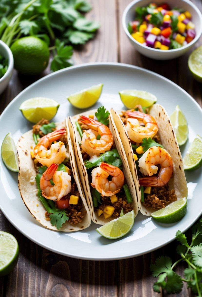 A plate of three skinny shrimp tacos with colorful toppings, surrounded by fresh cilantro and lime wedges on a wooden table