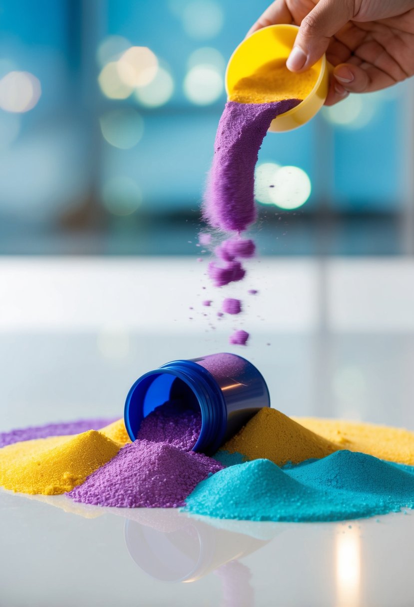 A vibrant array of colored kinetic sand spills out of homemade containers onto a clean, smooth surface