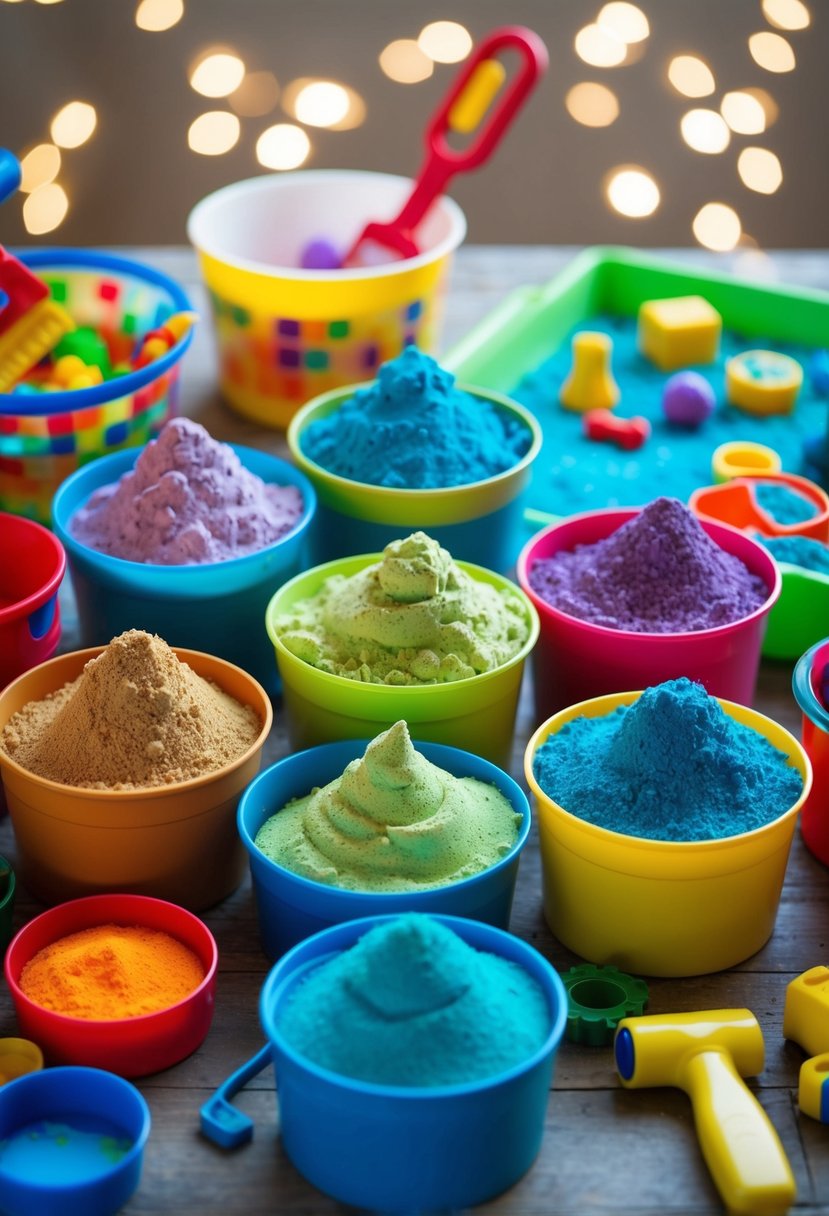 A colorful array of homemade kinetic sand in various containers, surrounded by child-friendly tools and toys