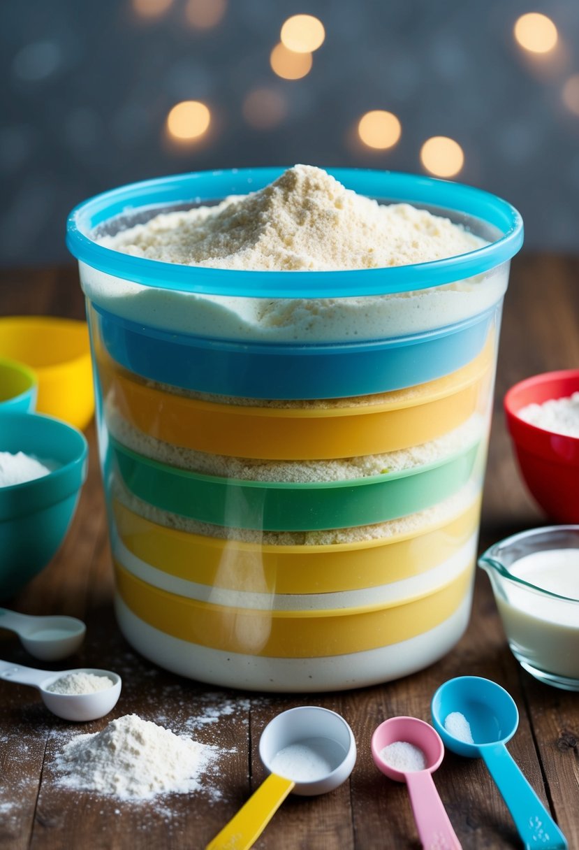 A clear plastic container filled with homemade moon sand, surrounded by measuring cups, spoons, and ingredients like flour and baby oil