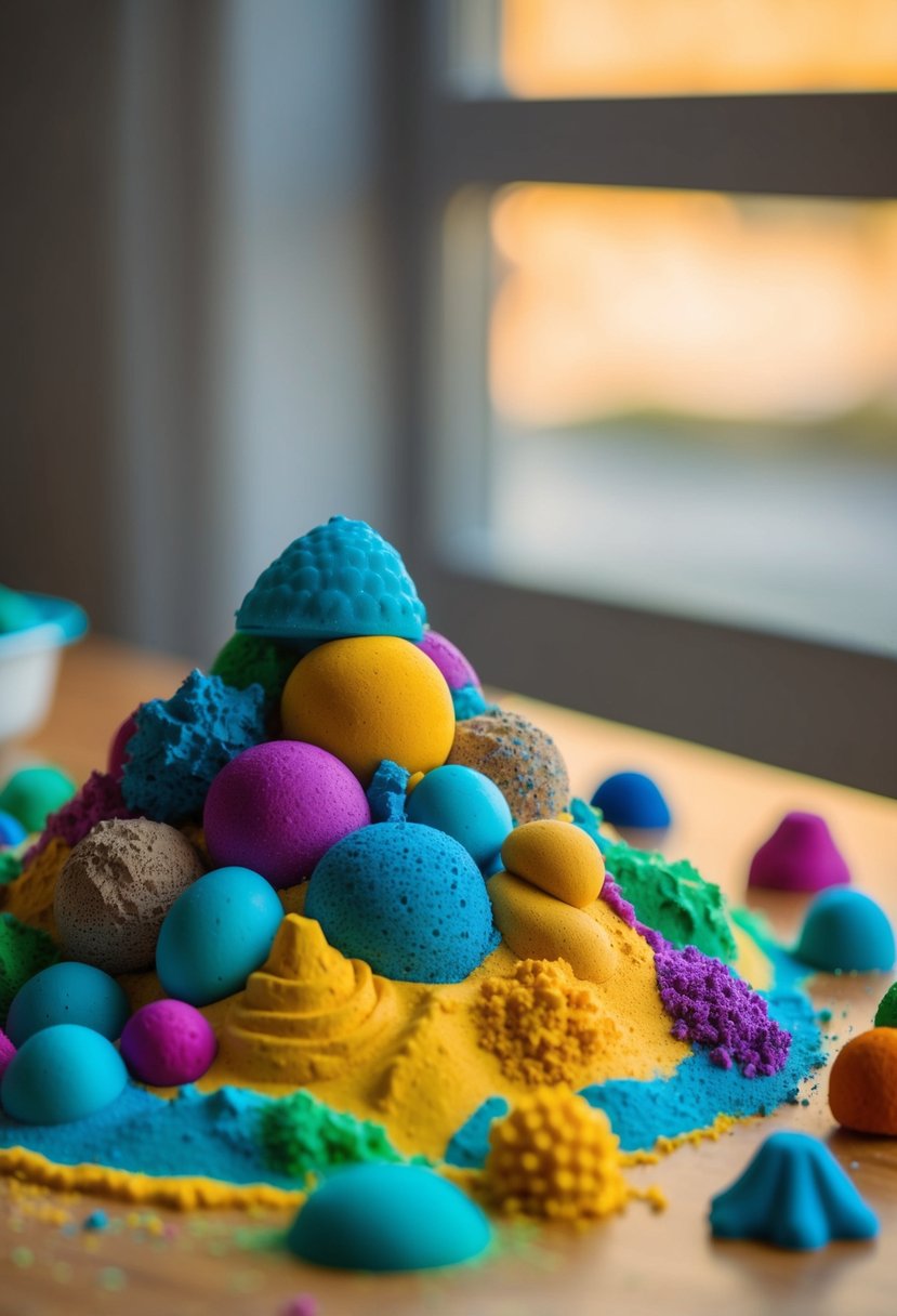 A colorful pile of homemade kinetic sand, with various textures and shapes, sits on a table, ready to be molded and played with