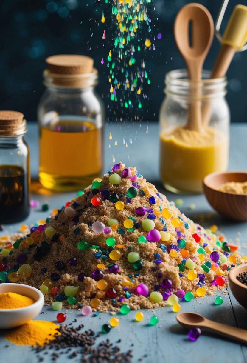 A colorful pile of scented kinetic sand with essential oils, surrounded by jars of ingredients and mixing tools