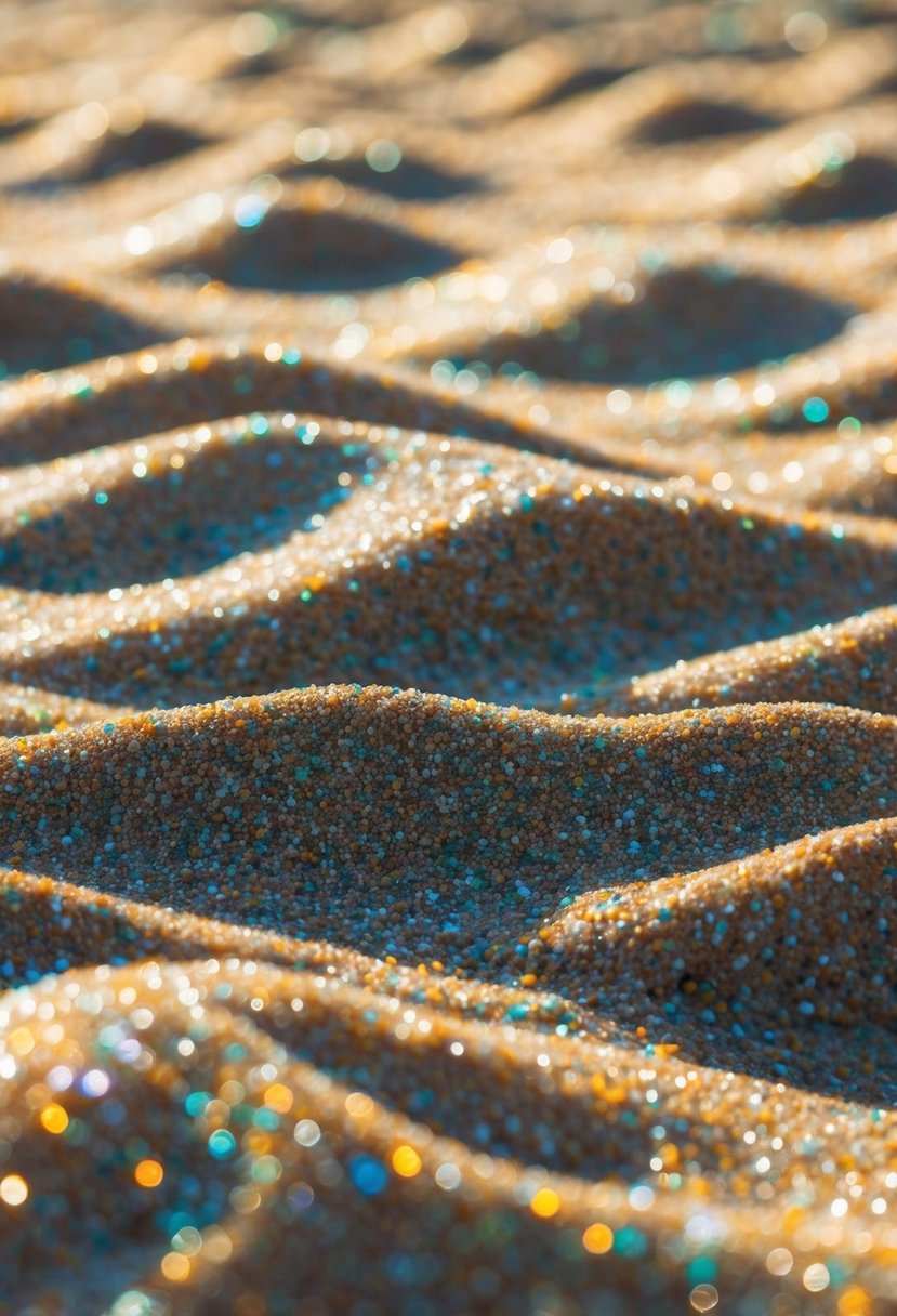 Sparkling kinetic sand glistening in the sunlight, with various colors and textures mixed together in a mesmerizing pattern