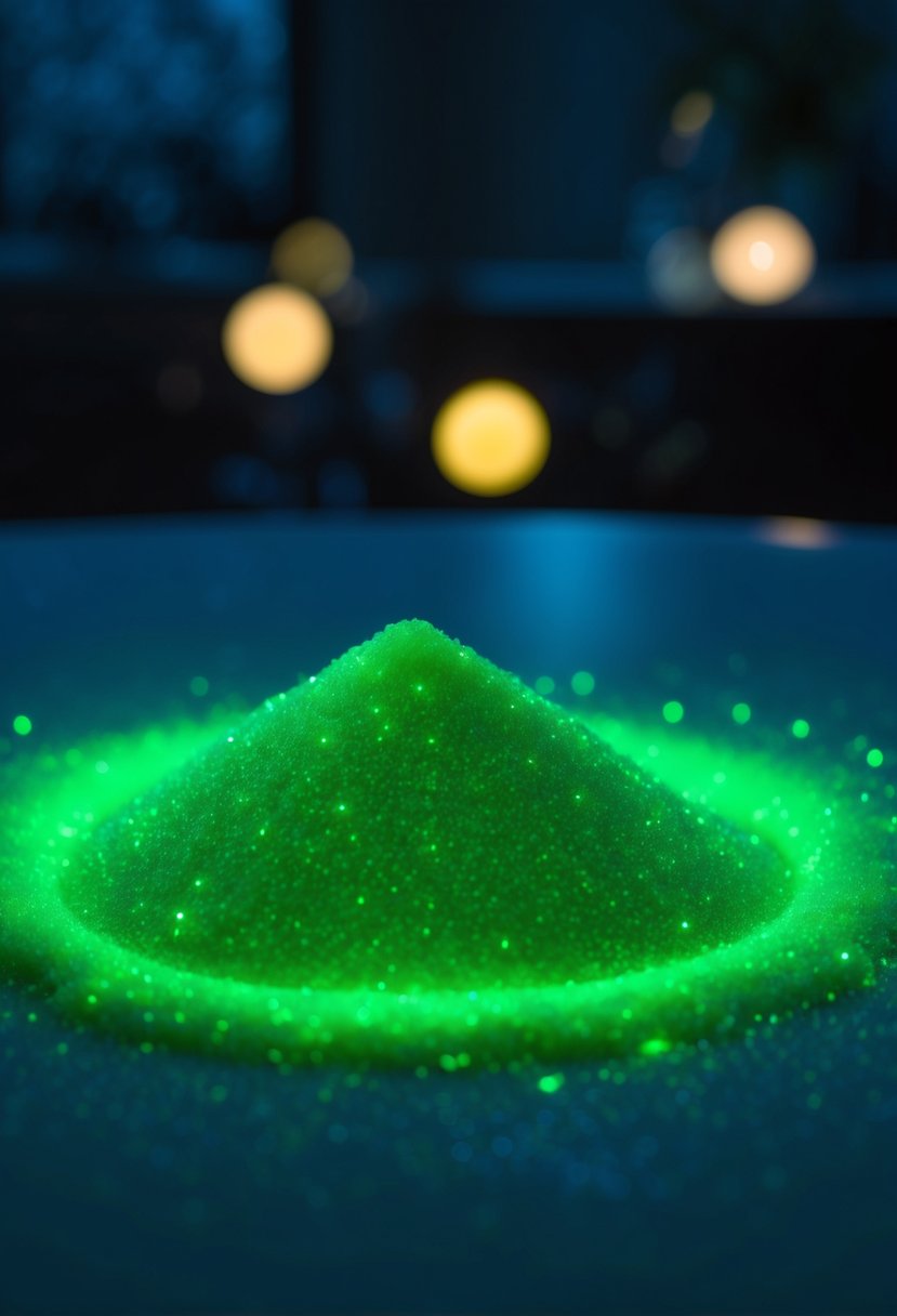 Glow-in-the-dark kinetic sand glows brightly in a dimly lit room, with tiny particles shifting and moving as if alive