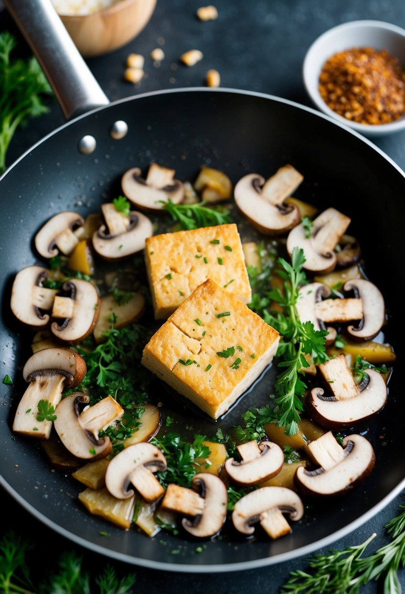 Sliced mushrooms and tofu sizzling in a hot pan, surrounded by fresh herbs and spices