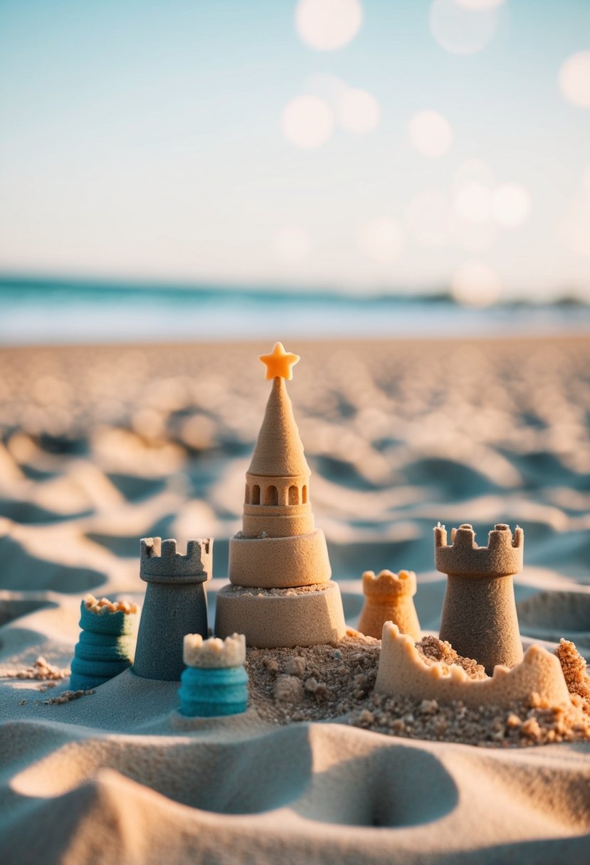 A sandy beach with homemade kinetic sand in various shades, shaped into castles and sculptures