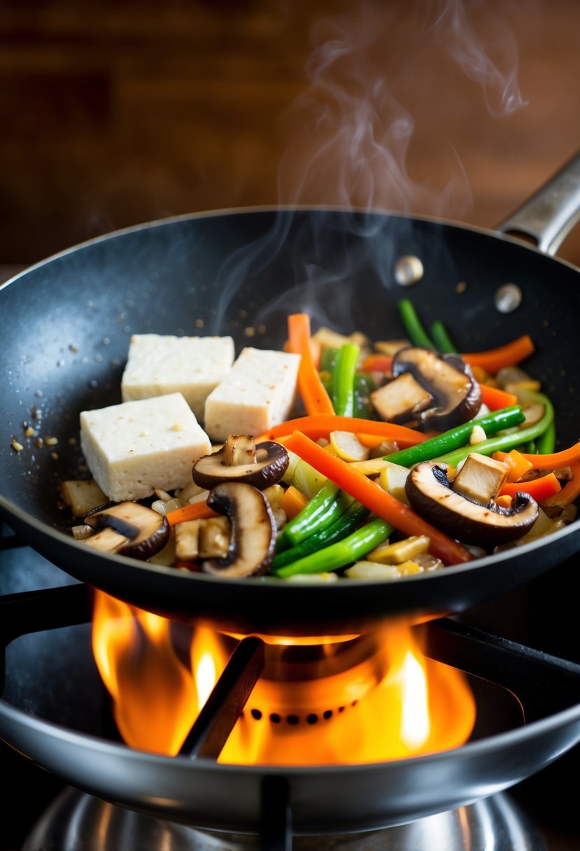 A sizzling pan with shiitake mushrooms, tofu, and colorful vegetables being stir-fried over a hot flame