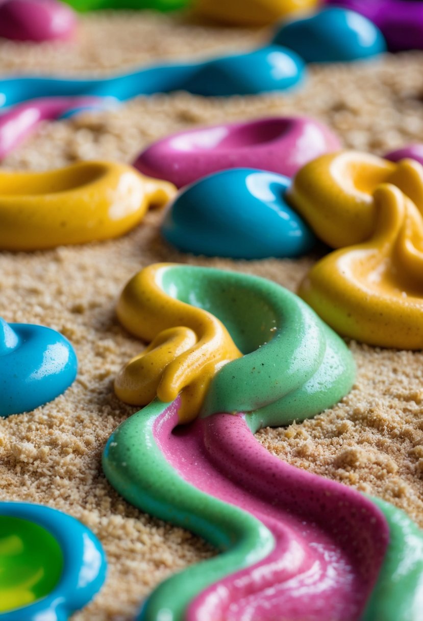 A colorful, textured mixture of slime and sand oozing and stretching across a play surface