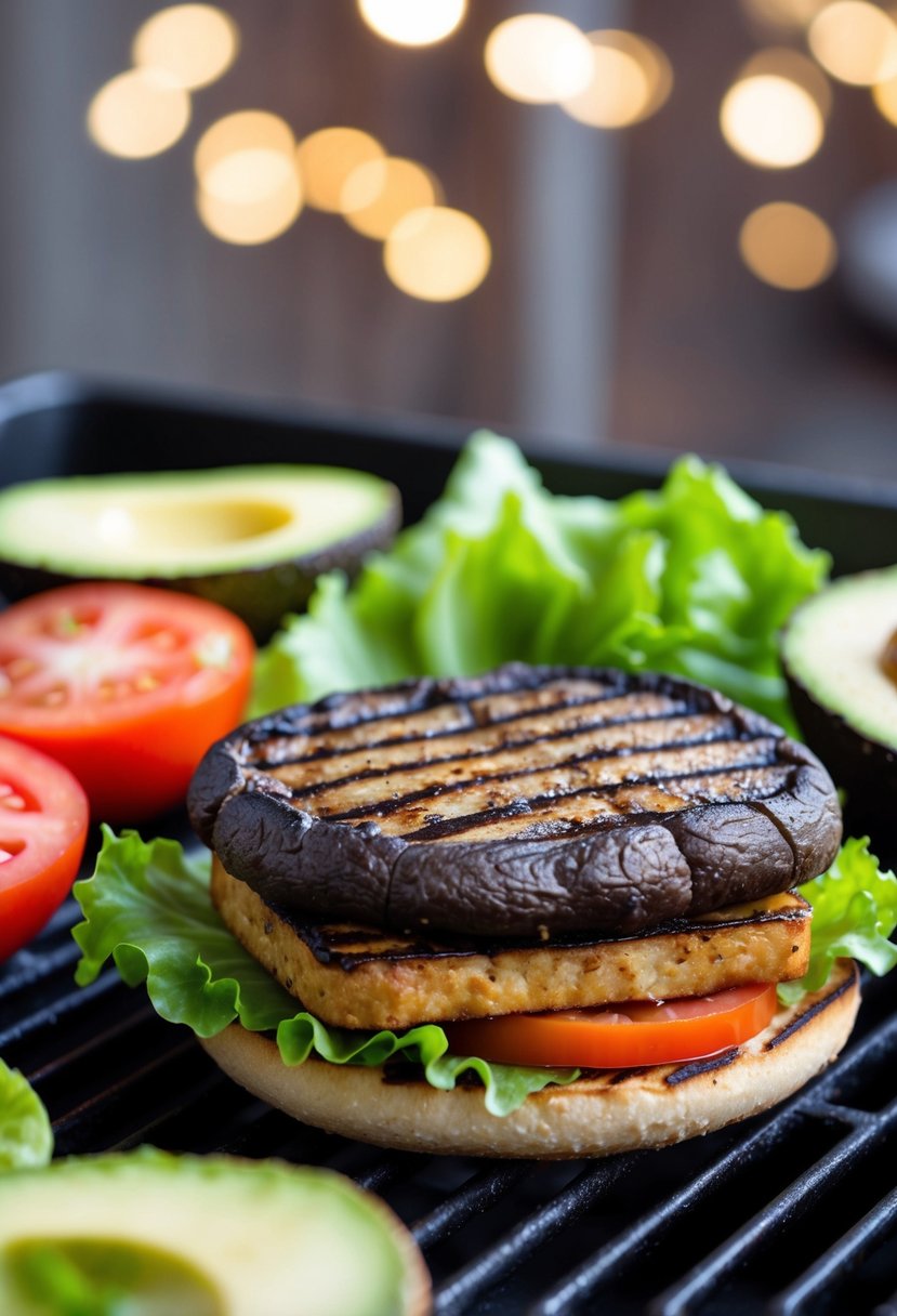 A sizzling Portobello mushroom and tofu burger on a grill, surrounded by fresh ingredients like lettuce, tomato, and avocado